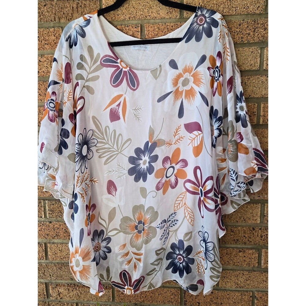 Beautiful Made in Italy Floral Silk-Blend Poncho Blouse with Attached Lining